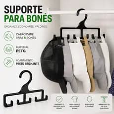 Suporte Cabide para 6 Bonés Preto Brilhante Organizador de Armário Chapéu