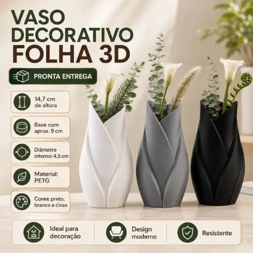 Vaso Decorativo Folha 3D Moderno PETG Preto Branco Cinza 14,7cm