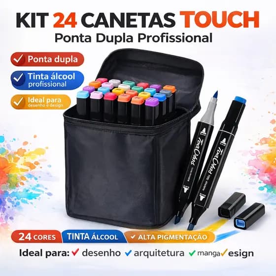 Caneta Touch Ponta Dupla 24 Cores Marcador Profissional Tinta Álcool Para Desenho Arquitetura Mangá Estojo
