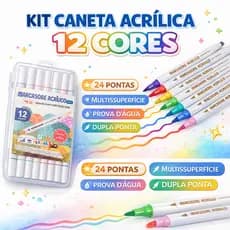 Kit Caneta Marcador Acrílico 12 Cores Dupla Ponta 24 Pontas – Prova D’Água para Vidro Madeira Pedra Tecido Cerâmica
