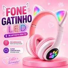 Fone Gatinho LED Rosa Bluetooth Sem Fio Infantil Recarregável