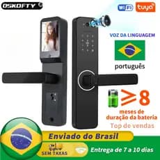 Fechadura Tuya WiFi com câmera e campainha, segurança ideal para casa.