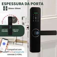 Fechadura eletrônica Tuya preta, biometria, voz PT-BR, corpo inox (22×190)