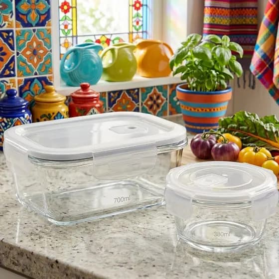 Kit Potes Herméticos Vidro 380ml + 700ml Marmita Tampa Vedação Anti Vazamento Organização de Geladeira Cozinha Alimento