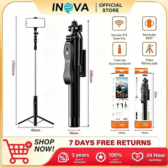 INOVA Selfie Stick Trípode 170cm Ajustável 360° Bluetooth 5.0 Controle Remoto Dobravel，spo13370