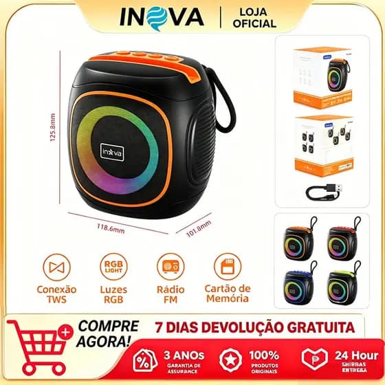 INOVA Caixa de Som Bluetooth 10W，alto-falante de 57mm  Resistente IPX56 RGB Portátil，para TWS  Rádio FM，kv829