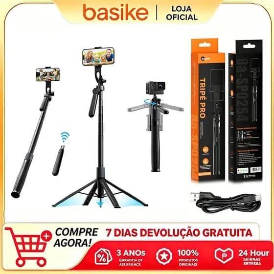 Basike 3 em 1 Bastão de selfie Selfie stick 1.8M long wireless Bluetooth 5.0 portable retractable Metal tripod