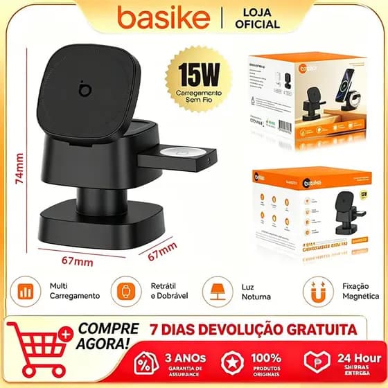 Basike 4 em 1 new carregador sem fio compatível com iPhones e celulares Android 15w Turbo Ultra Fast with light