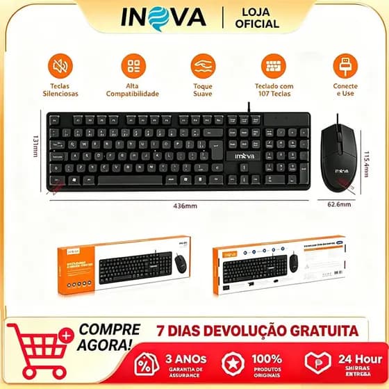 INOVA Kit Completo de Teclado e Mouse com Fio para Computador, Escritório e Jogos - para Produtividade，kv814
