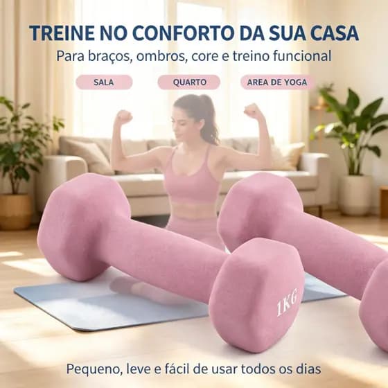 Halter Sextavado Revestido em Neoprene 1kg / 2kg, Antiderrapante, Treino Fitness em Casa para Iniciantes