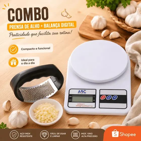 Kit Cozinha Completo Balança Digital 10kg + Espremedor de Alho Inox, Utensílios para Panificação e Temperos
