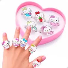 Kit 5 Anel Hello Kitty E Turma Sario Com Led 3D Plástico Ajustável Infantil Colorido Pisca Pisca