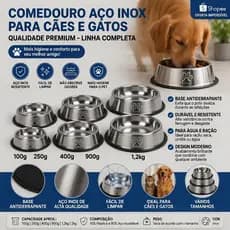Comedouro Inox Antiderrapante Cachorro Gato Pet Água Ração Pote 100/250/400/900/1,2kg Fácil Limpeza