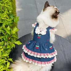 Cão de estimação roupas gato primavera verão saia jeans cereja casal cinta cão saia Teddy Bichon Outing roupas
