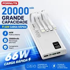 FORNUTS Bateria Portátil 20000mAh Turbo 66W 4 Tipos PowerBank Compatível iPhone/Android Carregador De Celular Portátil