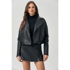 Jaqueta de Couro Feminina Acostamento em Pu Act Moda Feminina Jaqueta Couro Biker Feminina