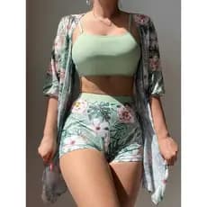 Conjunto de 3 peças de biquíni feminino separado com estampa tie-dye