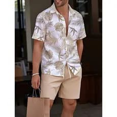 Conjunto Casual Masculino Camisa de Manga Curta e Shorts com Estampa de Palmeira