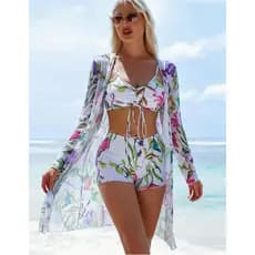 Conjunto de biquíni com estampa floral de 3 peças, parte de baixo boxer com decote em V e cobertura de mangas compridas