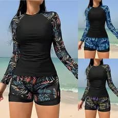 Conjunto de Maiô Feminino com Estampa de Folhas, Top de Gola Redonda com Manga Longa e Shorts de Cintura Alta, Perfeito