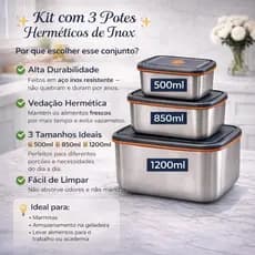 Kit 3 Potes De Aço Inox Hermético Com Tampa Vasilha Marmita Multiuso Para Alimentos Cozinha