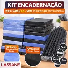 Kit Encadernação Completo LASSANE 200 Capas A4 Cristal + Couro + 500 Espirais Pretos 7/9/12/14/17mm