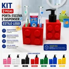 Kit Banheiro Estilo Lego Porta Escova Dispenser Sabonete Líquido Organizador Creme Dental Decoração Moderna
