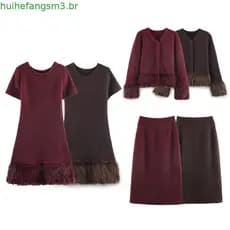Vestido de Malha Marrom HXAO para Mulheres, Vestidos Casuais de Outono 2025, Vestidos de Manga Curta com Pelo Sintético,