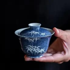 Aspersão azul pintado à mão padrão de bambu Gaiwan xícara de chá único Kung Fu conjunto de chá não quente cerâmica tigel