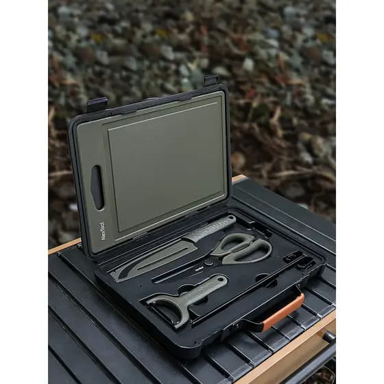 Natuo caixa de ferramentas para churrasco ao ar livre, conjunto portátil para acampamento, tábua de corte, descascador,
