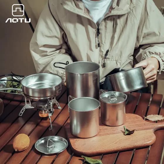 Conjunto de panelas ao ar livre portátil fogão a gás panela quente acampamento aço inoxidável dobrável panelas conjunto 