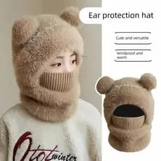 Crianças chapéu de malha de lã meninas meninos outono inverno babador de uma peça com capuz bebê à prova de vento proteç