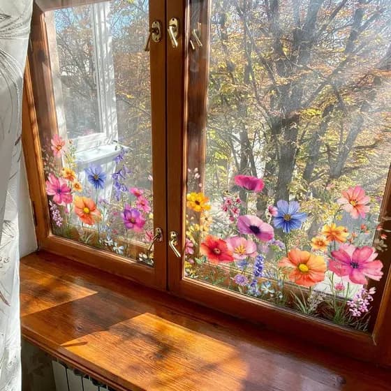 Flores coloridas sinos de vento azuis adesivos de janela estática dupla face adesivos decorativos de vidro visível remov
