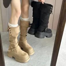 Botas de Cowboy ocidentais botas longas femininas de pernas grossas pequenas sola grossa aumentada duas peças dobradas b