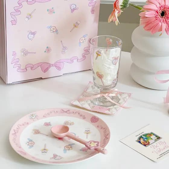 Menina coração rosa varinha mágica conjunto de talheres caixa de presente bonito taça jantar prato presente aniversário