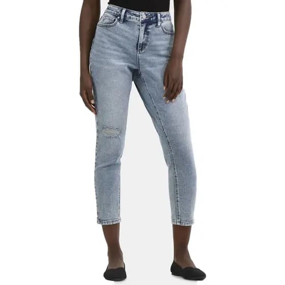 Comércio exterior tamanho grande Retro cintura alta rasgado pés pequenos estiramento Jeans feminino mais magro olhar azu