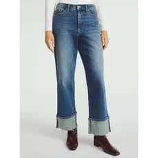 Cintura alta azul Retro flangeando em linha reta perna larga estilo outono mais magro olhar algodão elástico cigarro cal