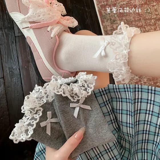 Novas meias doces femininas primavera outono arco japonês bonito menina pilha meias Lolita rendas meias de cor sólida