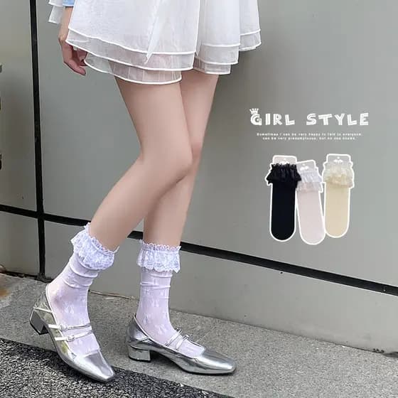 Lolita meias japonesas de renda com pilha primavera verão estilo fino Jk doce fofo Jacquard malha meias de panturrilha