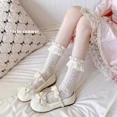 Primavera verão fino rendas pilha meias feminino arco Lolita bege bonito JK japonês Ballet estilo bezerro