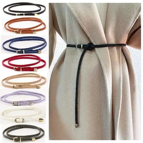 W inverno perfurado trançado cinto outono pino fivela cinto fino moda feminina pequena cintura de couro corda casaco cam
