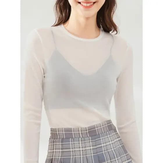 Camisa de fundo de malha feminina verão seda gelo manga comprida estilo ocidental perspectiva renda interna topo fino Se