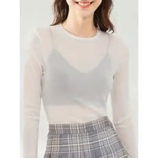 Camisa de fundo de malha feminina verão seda gelo manga comprida estilo ocidental perspectiva renda interna topo fino Se