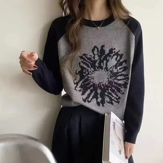 S909 pulôver de manga comprida suéter de malha de lã em formato solto feminino gola redonda estilo viajante primavera ou