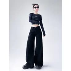 Vfvk cintura baixa preto perna larga Jeans feminino 2026 novo estilo estendido a linha calças soltas retas