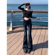 Vfvk estilo americano Micro-Flap Jeans feminino 2026 novo estilo verão calças pequenas elástico fino ajuste cintura alta