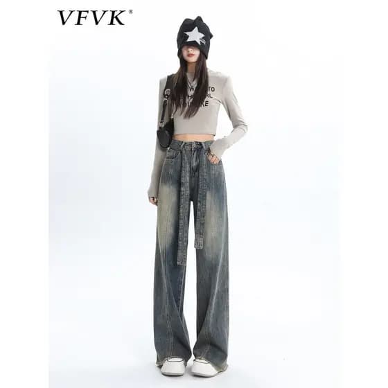 Vfvk Retro Jeans retos 2026 novo estilo feminino verão americano high Street nicho solto cintura alta calças largas pern