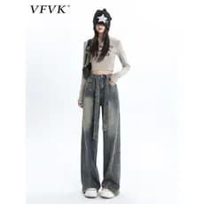 Vfvk Retro Jeans retos 2026 novo estilo feminino verão americano high Street nicho solto cintura alta calças largas pern