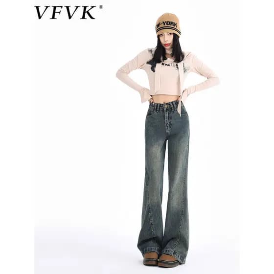 Vfvk angustiado Retro rebites Micro-Flap Jeans feminino 2026 novo estilo americano cintura alta magro-ajuste mais magro