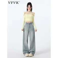 Vfvk cor clara cintura alta perna larga Jeans feminino estilo verão 2026 novo estilo mais magro olhar em linha reta solt
